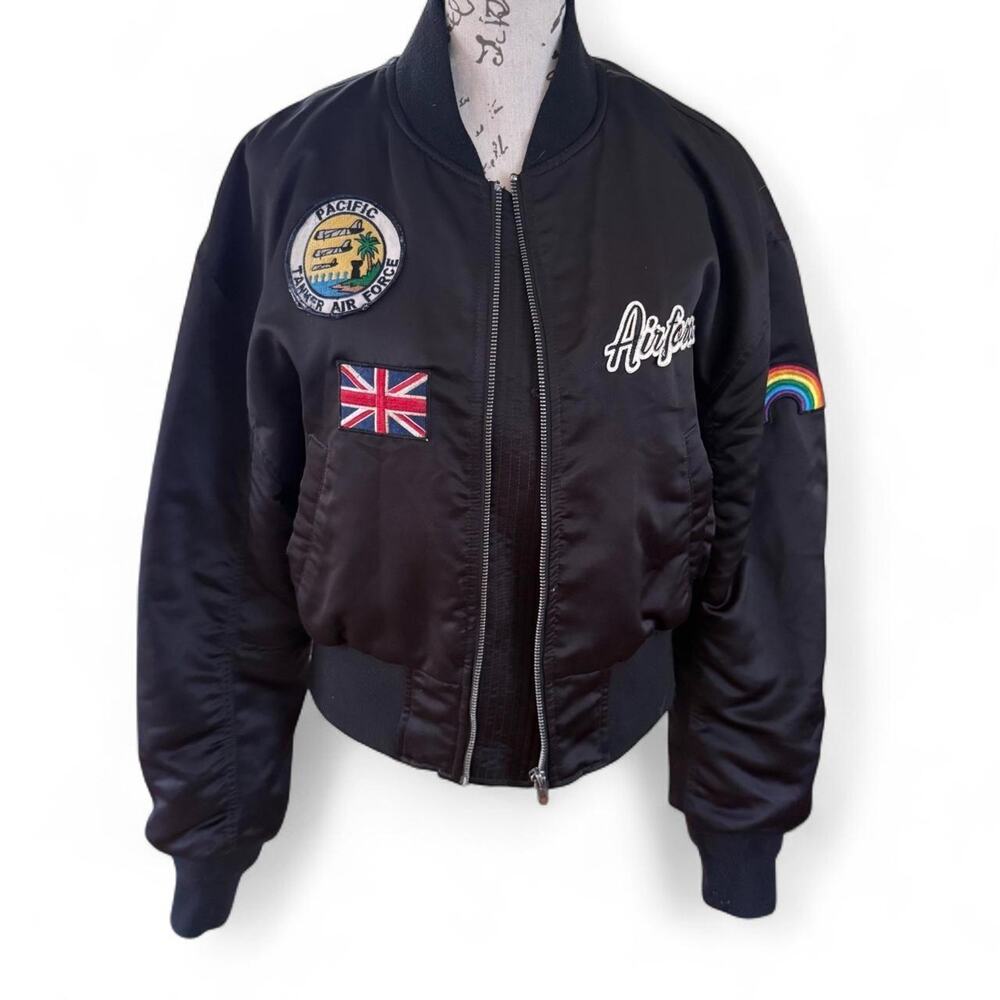 Black Bomber Jacket Embroidered Patches Y2K Vintage Style Fits Small Airforce